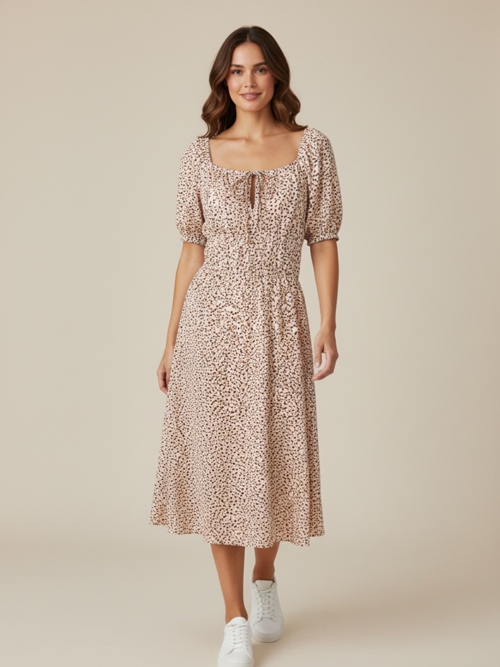 Who What Wear Cream and Brown Spotted Tie-Front Midi Dress